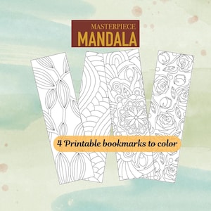 Può includere: Quattro segnalibri stampabili con intricati disegni mandala, pronti per essere colorati. I segnalibri presentano vari modelli, tra cui forme floreali e geometriche. Il testo "Masterpiece Mandala" e "4 Printable bookmarks to color" sono visualizzati.
