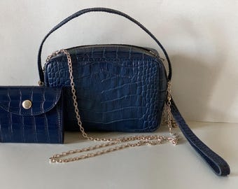 Handmade crocodile leather evening clutch bag with wallet.