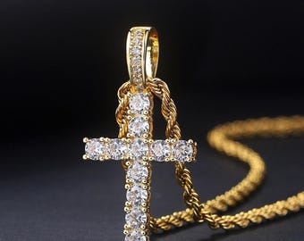 Moissanite Cross Pendant Necklace, 11pcs 5mm D Color Moissanite, 3mm*23.62inch Twist Chain