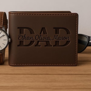 Cartera de cuero personalizada para el Día del Padre, cartera personalizada con nombre para papá e hijos, cartera grabada para el Día del Padre, cartera con nombre para niños.