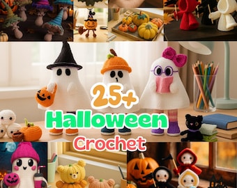 Bundel Halloween-amigurumi-haakpatronen, 25+ spookachtige schattige ontwerpen pdf, gemakkelijke beginner, knuffels en poppen, doe-het-zelfcadeau, direct downloaden