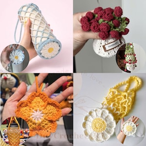 May include: A collection of handmade crochet items, including a water bottle holder with a daisy design, a small vase with red crochet flowers, an orange flower-shaped coaster, and a yellow net bag with a daisy coaster. The items are in various colors.
