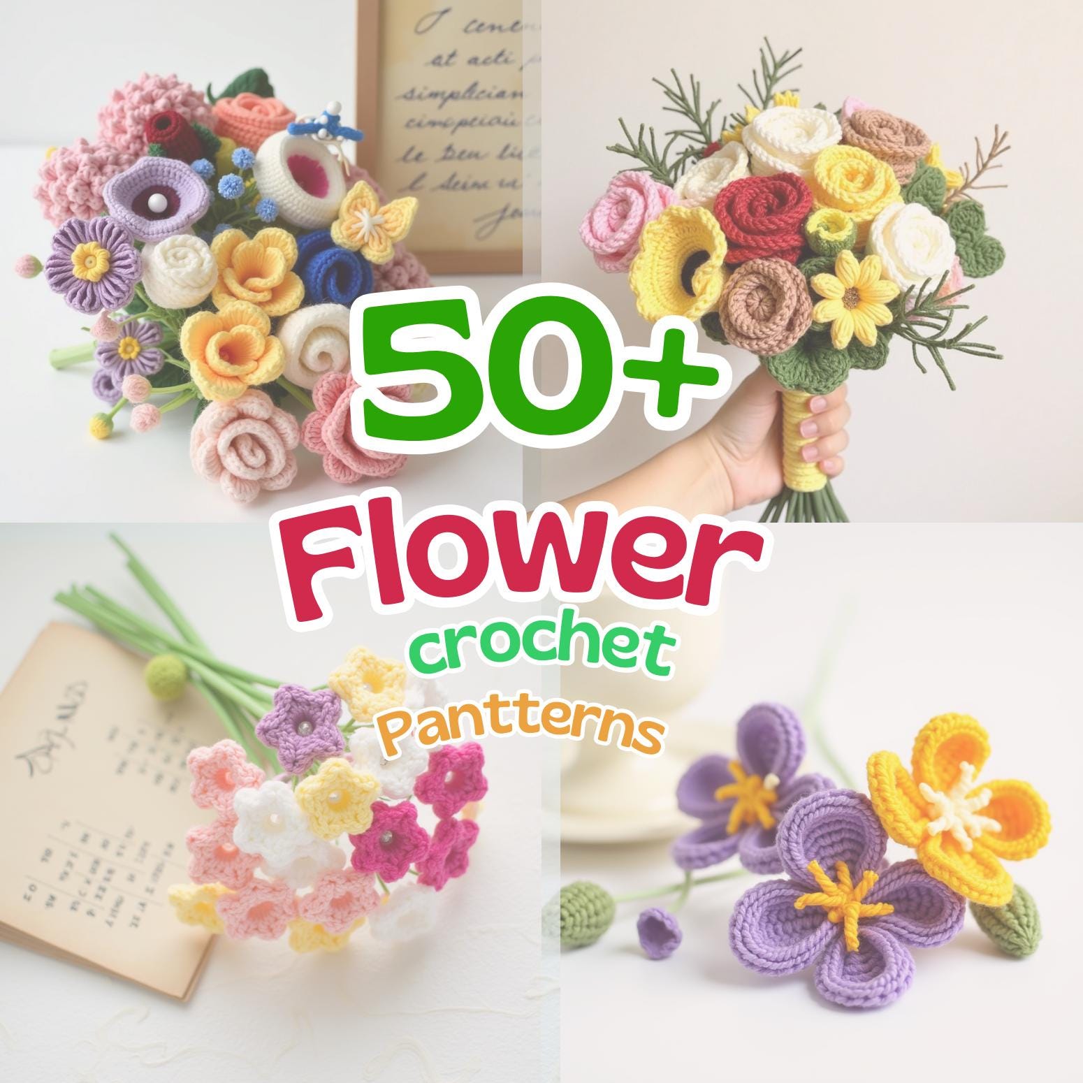 50+ Crochet Flower Patterns: Amigurumi Bouquet, Wedding Flowers (Digital Download)