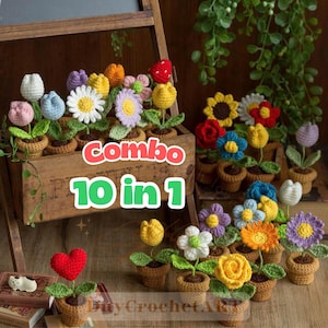 May include: A collection of colorful, crocheted flowers in small brown pots. The flowers include tulips, daisies, roses, and sunflowers, with green leaves. The image includes the text "Combo 10 in 1" in a red and green box. The flowers are arranged on a wooden surface.