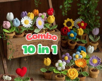 Pacchetto di 10 modelli all'uncinetto per vasi di fiori, simpatiche piante in vaso amigurumi in formato PDF, facili per principianti, regalo fai da te, download immediato