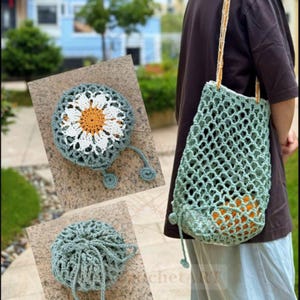 Crochet Daisy Mesh Tote Bag Pattern PDF, Foldable Market Bag Crochet Pattern, Reusable Grocery Bag, Flower Tote Bag, Beach Bag Pattern