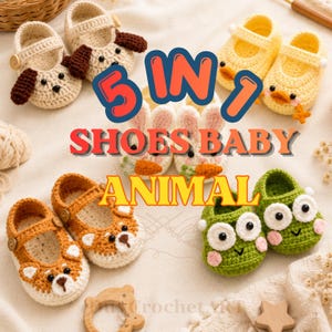 5-in-1-Tierbabyschuhe: Häkelanleitung (PDF), Babyschuhe-Set, Welpen-, Küken-, Hasen- und Froschschuhe, Häkelschuhe für Neugeborene