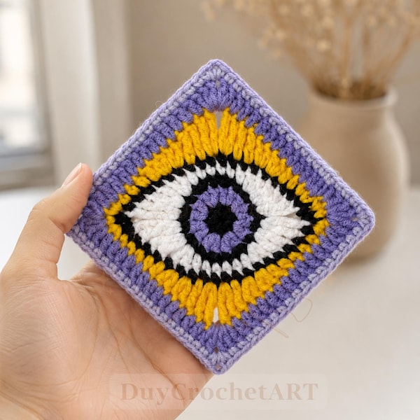 Häkelanleitung für ein Quadrat mit bösem Blick (PDF), Nazar-Auge-Häkelmotiv, Boho-Quadrat, Schutz-Auge-Deckenblock, Häkelmuster