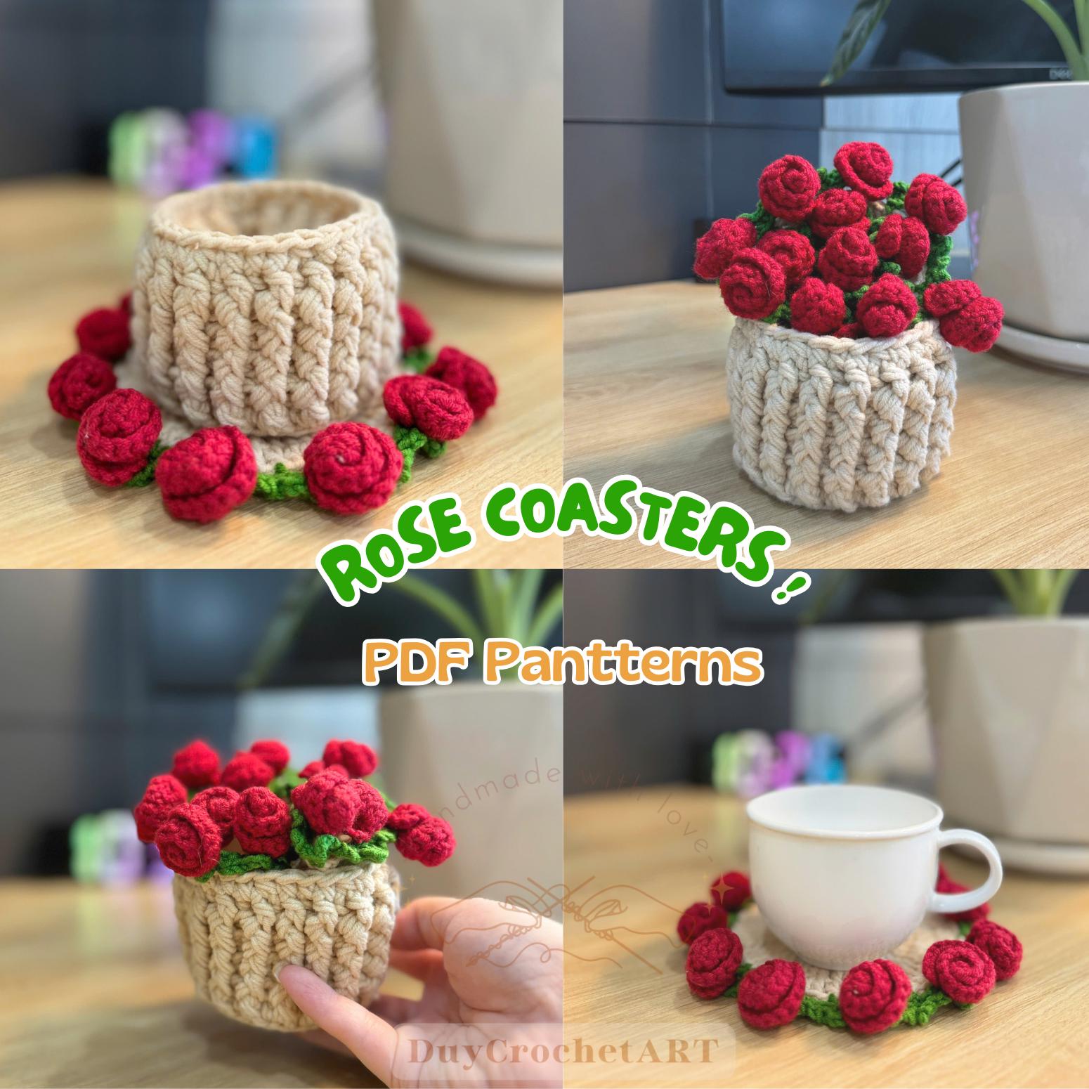 Crochet Rose Bouquet Coaster PDF Pattern: Floral Plant Pot Mat