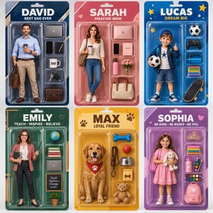 May include: Six action figure sets in blister packaging featuring David, Sarah, Lucas, Emily, Max, and Sophia. Each set includes a character and various accessories like laptops, bags, sports gear, books, and toys, all displayed on colorful backing cards.