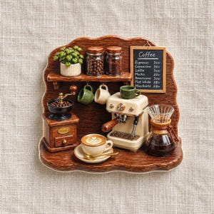 Könnte beinhalten: Eine Miniatur-Café-Wanddekoration mit einem Holzregal, zwei Gläsern mit Kaffeebohnen, einer Topfpflanze und einer Menütafel mit Preisen. Darunter befinden sich eine manuelle Kaffeemühle, eine Espressomaschine, eine Glaskaraffe und eine Tasse.