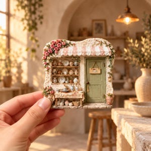 May include: A miniature ceramic shop facade featuring a green door with a hanging coffee cup sign, a striped awning, and shelves filled with various pottery. The structure is decorated with pink roses and climbing vines, showcasing detailed craftsmanship.