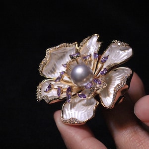 Tahitian Pearl Brooch: Floral Zircon Enamel, Convertible Necklace