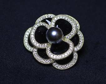 Black Camellia Brooch: Tahitian Pearl Convertible Necklace