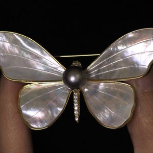 May include: A gold butterfly brooch with a large black pearl in the centre and a row of clear rhinestones on the body.