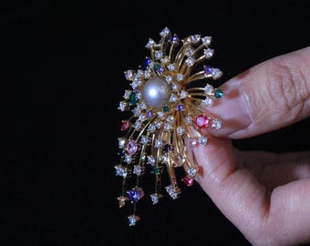 Tahitian Pearl Brooch, Rhinestone Fireworks, Convertible Necklace, Unique Design