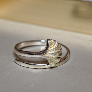 Op de afbeelding: Een zilveren ring met een waaiervormig gouden accent. De ring heeft een dubbelbandontwerp, met het waaiervormige element bovenaan. De ring is waarschijnlijk gemaakt van sterling zilver en goud, en is een sieraad.