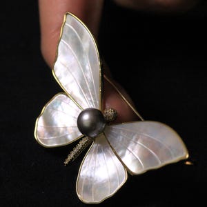 May include: A gold butterfly brooch with white mother of pearl wings and a black pearl in the centre.