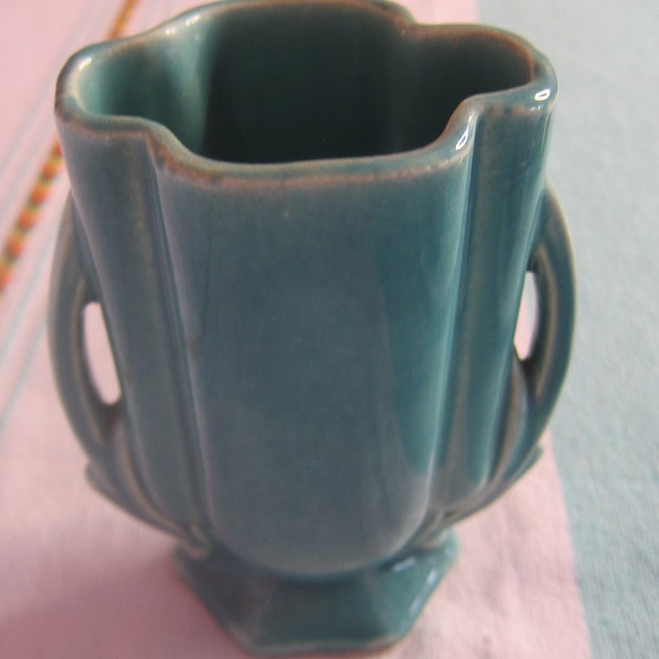 Vintage McCoy Turquoise Aqua Art Pottery Vase 1940's 5.75"h