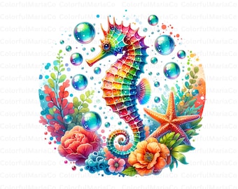 Colorful Seahorse Png, Sublimation Design, Ocean Corals Png, Fish Png, Summer Png, Underwater Png, T-Shirt Design, Instant Download Png