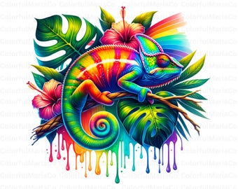 Vibrant Rainbow Chameleon PNG, Digital Watercolor Reptile Art, Cute Chameleon JPG, Chameleon Sublimation Design, Digital Download
