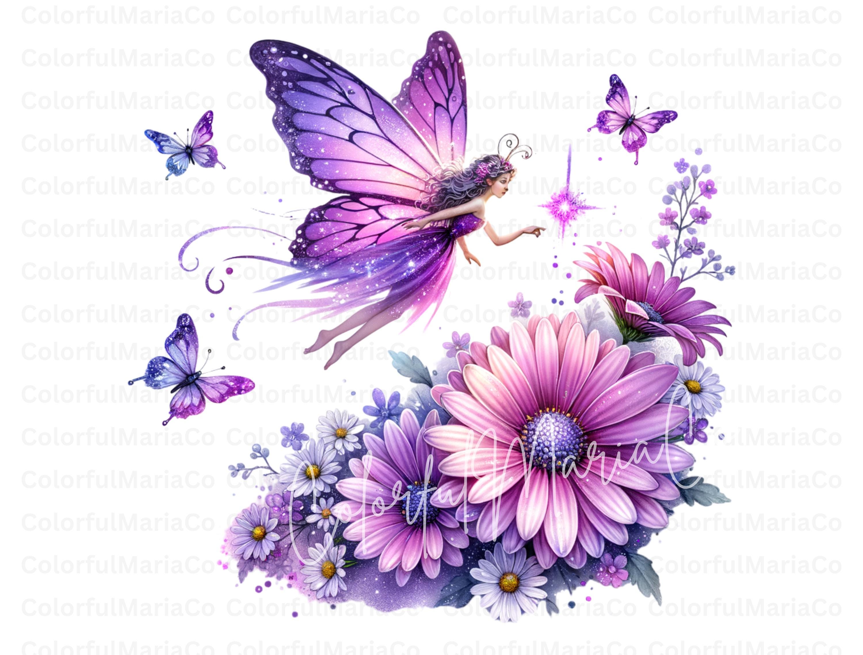 Fairy With Purple Daisy and Butterfly Png, Floral Fairy Clipart