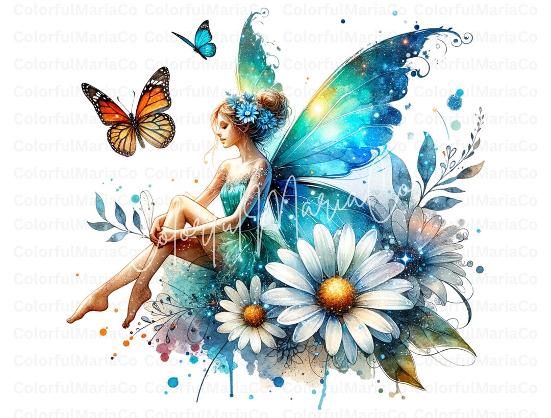 Floral Fairy Clipart, Blue Daisy, Butterfly PNG (digital Download) - Etsy