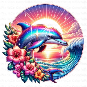Conception de t-shirt coucher de soleil dynamique dauphins, téléchargement numérique, art de l'océan, sublimation PNG, décoration de plage tropicale, impression d'été