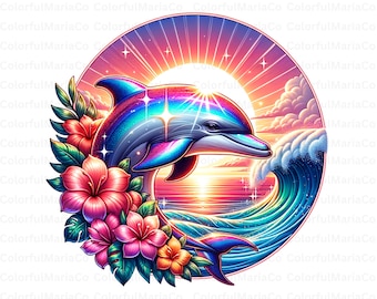 Vibrant Dolphin Sunset T Shirt Design, Digital Download, Ocean Art, Sublimation PNG, Tropical Beach Decor, Summer Print