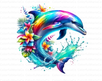 Vibrant Dolphin Sunset T Shirt Design, Digital Download, Ocean Art, Sublimation PNG, Tropical Beach Decor, Summer Print