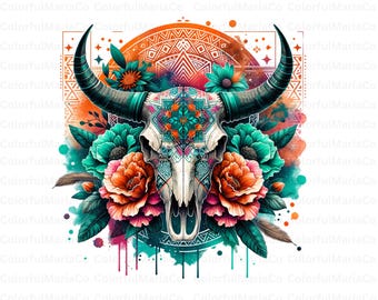 Boho Floral Bull Skull PNG, Boho Cow Skull, Can't Be Tamed PNG, Floral Cow Skull Western PNG, Wild West Png, Boho Cowgirl Png, Aztec Png