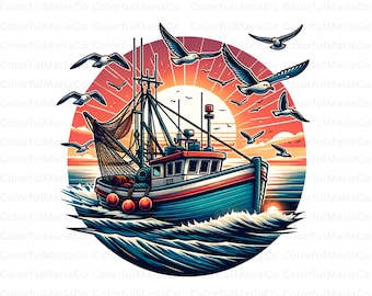 Clipart di pesca in barca al tramonto: acquerello di un pescatore (download digitale PNG)