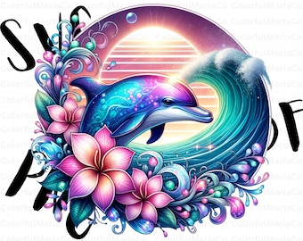 Vibrant Dolphin Sunset T Shirt Design, Digital Download, Ocean Art, Sublimation PNG, Tropical Beach Decor, Summer Print