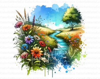 Wilde Natur mit Bach PNG, Landschaft Clip Art, Aquarell Bach, Waldlandschaft Digital Download, Natur Scrapbooking Papierhandwerk JPG