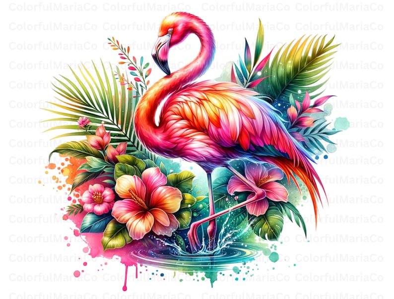 May include: A vibrant pink flamingo with colorful feathers stands in a pool of water surrounded by tropical plants and flowers. The background is a watercolor wash of blue, green, and pink.