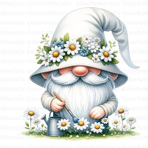 Spring White  Gnomes Clipart, Garden Gnome, Floral Gnome Clipart, Floral and Tulip Clipart, Cute Garden Gnome, High Quality JPG Download