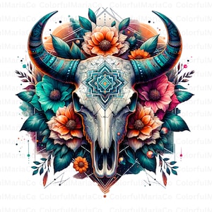 Tête de mort de taureau PNG, tête de mort de vache PNG, décoration sud-ouest png, tête de mort de vache murale, tête de mort de vache peinte, décoration murale succulentes, plantes succulentes