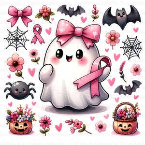 Spooky Ghost Breast Cancer Png, Pink Bougie Ghost Halloween Png, In October We Wear Pink Png, Breast Cancer Awareness Ribbon Png