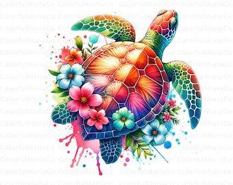 Colorful Turtle Png, Sublimation Design, Summer Png, Ocean Sublimation, Tropical Flowers Png, T-Shirt Design, Instant Digital Download Png