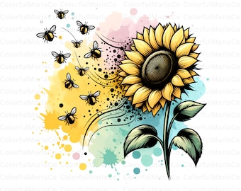 Spring Png, watercolor sunflower PNG, Spring Clipart, Bee png, Summer Clipart, Sunflowers Clipart, Digital Download, Bees,Sublimation Design