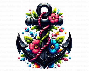Ancora marina floreale in formato PNG, Clipart nautico, Clipart matrimonio nautico, Clipart marinaio, Invito matrimonio in spiaggia, Uso commerciale