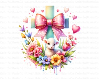 Elegant Cross with Floral Arrangement and Bow, Cross PNG Clipart, lamb with cross and wild flowers, Digital Download for Christian Decor