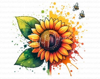 Vår PNG, akvarell solros PNG, vår Clipart, bi PNG, sommar Clipart, solrosor Clipart, digital nedladdning, bin, sublimeringsdesign