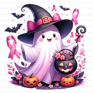Spooky Ghost Breast Cancer Png, Pink Bougie Ghost Halloween Png, In October We Wear Pink Png, Breast Cancer Awareness Ribbon Png