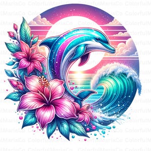 Diseño de camiseta con vibrante atardecer de delfines, descarga digital, arte oceánico, PNG de sublimación, decoración de playa tropical, estampado de verano