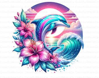 Vibrant Dolphin Sunset T Shirt Design, Dolphin lover, Ocean Art, Sublimation PNG, Tropical Beach Decor, Summer Print