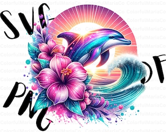 Vibrant Dolphin Sunset T Shirt Design, Digital Download, Ocean Art, Sublimation PNG, Tropical Beach Decor, Summer Print