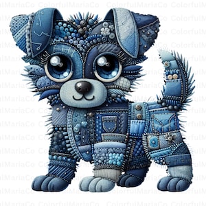 Filhote de cachorro de patchwork jeans PNG, clipart fofo de cachorro com laço, design de sublimação de cachorro jeans azul, download instantâneo elegante para design de camisa feminina