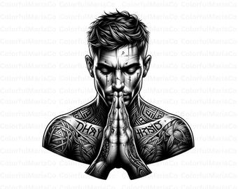 Tattoo man praying png, Praying PNG, Streetwear png, Gangsta Png, Praying Hands Png, Black man png, Religious png, rosary png