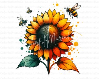 Vår PNG, akvarell solros PNG, vår Clipart, bi PNG, sommar Clipart, solrosor Clipart, digital nedladdning, bin, sublimeringsdesign